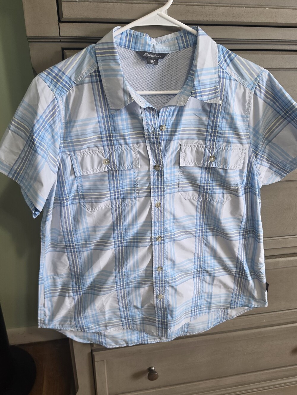 Eddie Bauer Light Blue and White Plaid Short-Sleeve Button-Down